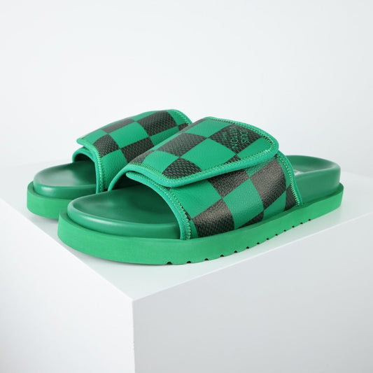 L***V Grass Green Black Damier Checkerboard Velcro Adjustable Wide Strap Miami Slide Sandals — Spring Summer Boutique Limited Edition