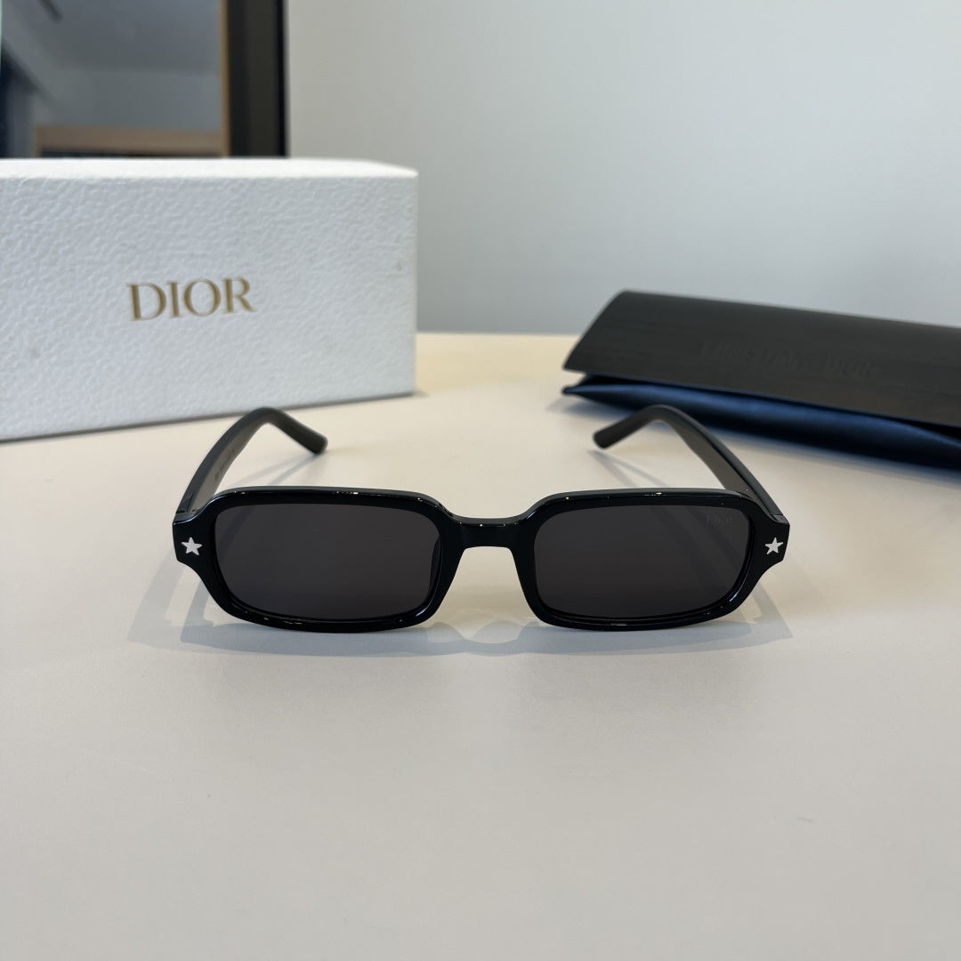 D**R Narrow Rectangle Sunglasses | Glossy Black Acetate Frame, Star Detail & Dark Lenses