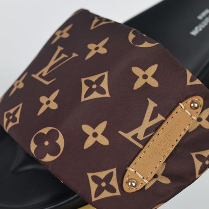 L***V Brown Classic Monogram Canvas Gold Safety Pin Platform Slide Sandals — 2024 Spring Summer Boutique Limited Edition