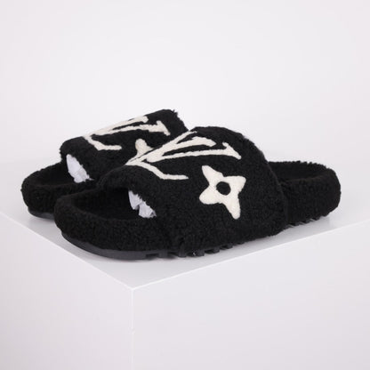 L***V Black White Monogram Shearling Lambswool Fluffy Double Strap Slide Sandals — Autumn Winter Boutique Limited Edition