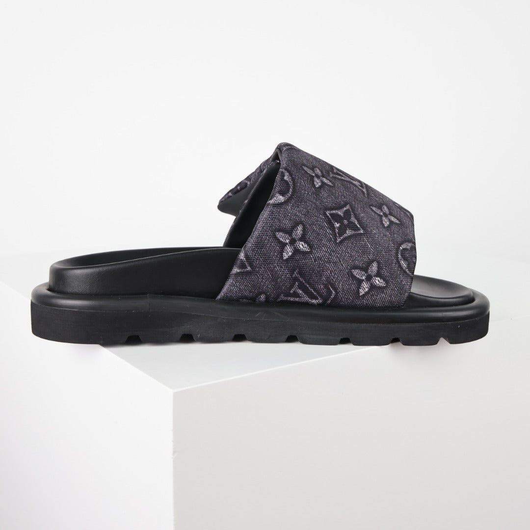 L***V Monogram Embossed Velcro Strap Slide Sandals — All-Black Wide Band Pool Beach Slippers (8 Colors)