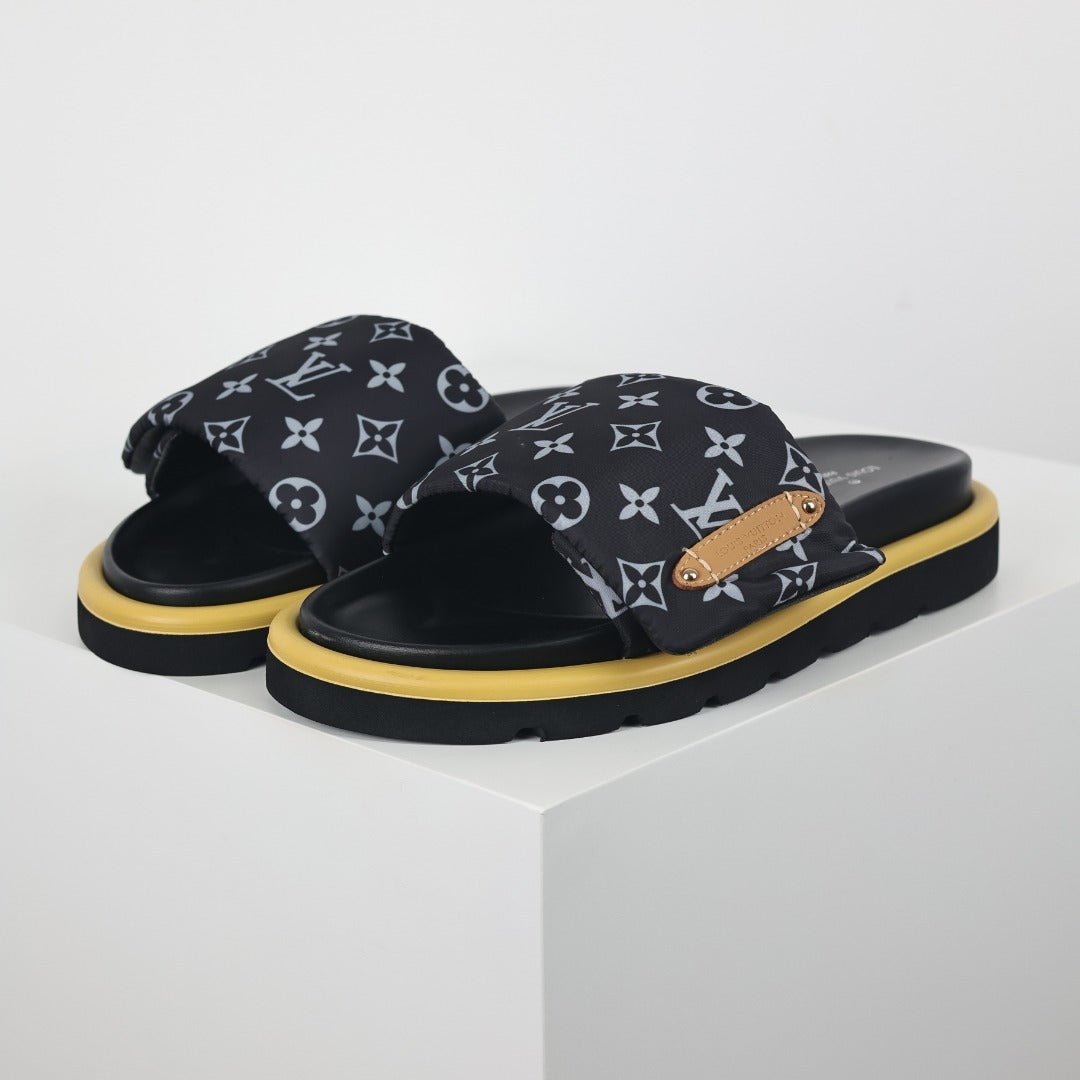 L***V All-Black Monogram Canvas Gold Bar Platform Slide Sandals — 2024 Spring Summer Boutique Limited Edition