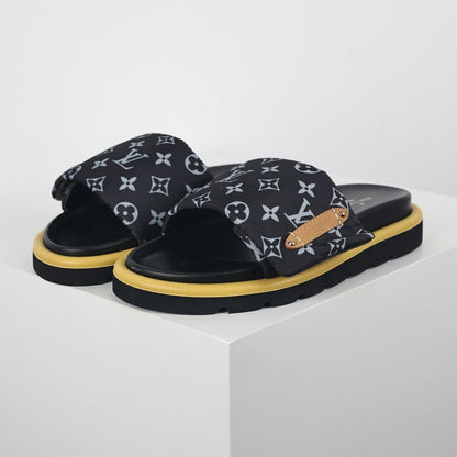 L***V All-Black Monogram Canvas Gold Bar Platform Slide Sandals — 2024 Spring Summer Boutique Limited Edition