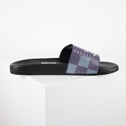L***V Navy Blue Damier Jacquard LOUIS VUITTON PARIS Text Print Waterfront Wide Strap Slide Sandals — Spring Summer Boutique Limited Edition
