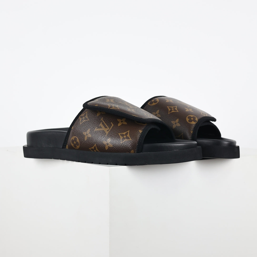 L***V Classic Brown Monogram Canvas Pillow Wide Strap Slip-On Miami Slide Sandals — Spring Summer Boutique Limited Edition