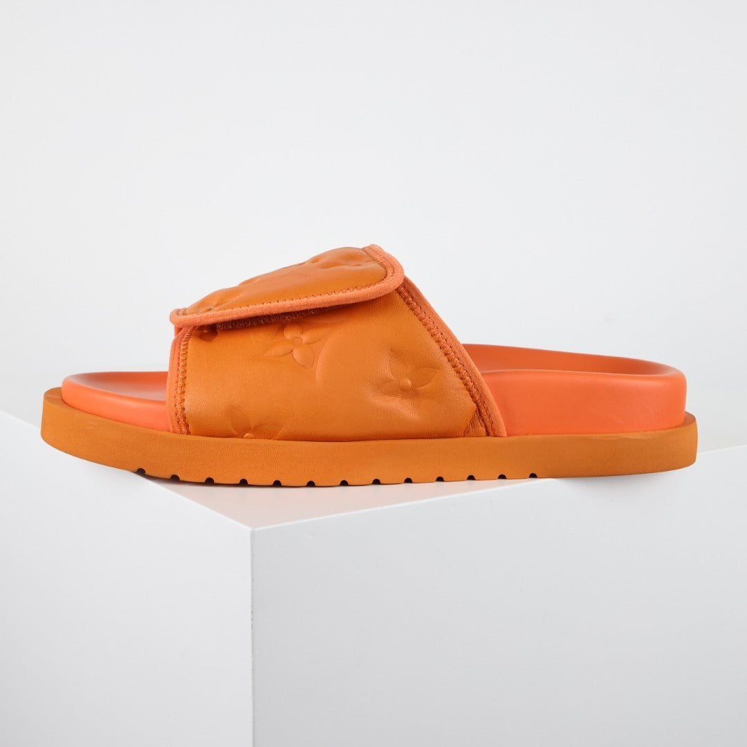 L***V Tangerine Orange Inflated Pillow Leather Velcro Adjustable Wide Strap Miami Slide Sandals — Spring Summer Boutique Limited Edition
