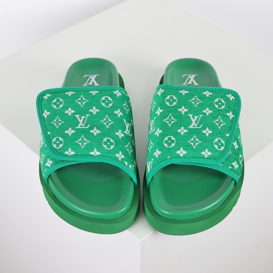L***V Grass Green Monogram Jacquard Twisted Bow Ruched Strap Miami Slide Sandals — Spring Summer Boutique Limited Edition