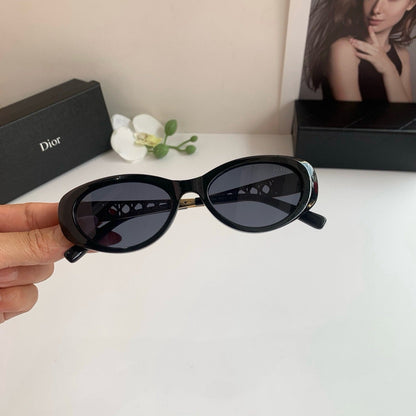 D**R Oval Sunglasses with Glossy Black Acetate Frame, Dark Grey Lenses & Gold Filigree Pearl Embellished Temple Hardware