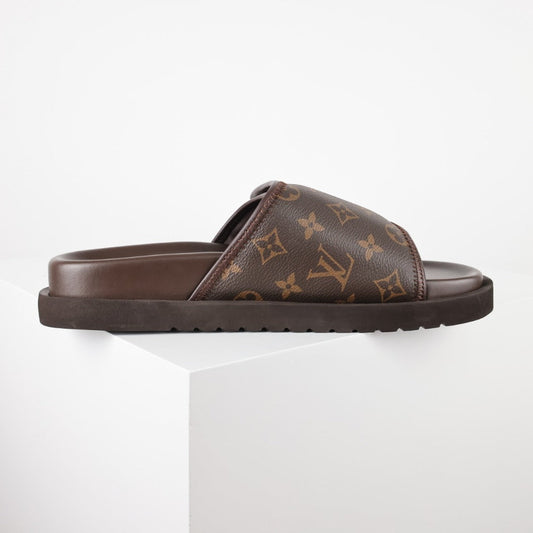 L***V Damier Ebene Dark Brown Velcro Adjustable Wide Strap Miami Slide Sandals — Spring Summer Boutique Limited Edition