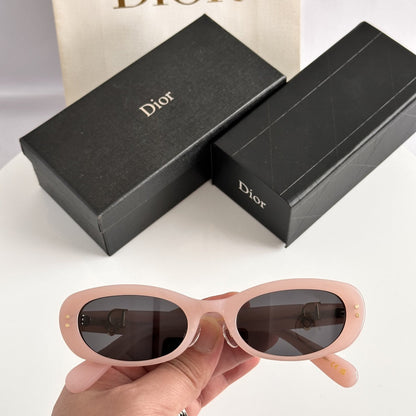 D**R Slim Oval Cat-Eye Sunglasses with Bold Glossy Red Acetate Frame, Light Tinted Lenses & Gold CD Logo Hardware