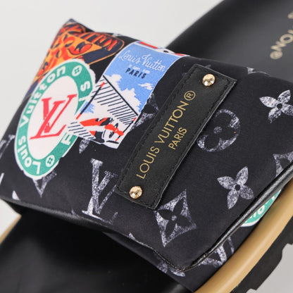 L***V Monogram Eclipse Black Multicolor Badge Patch Wide Strap Slide Sandals — Spring Summer Boutique Limited Edition