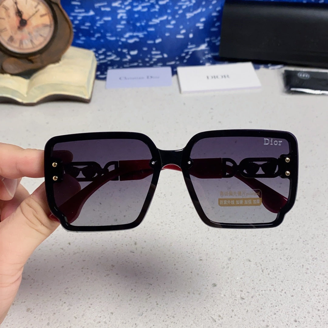 D**R Oversized Square Sunglasses | Black Frame, Red Temple, Gold CD Logo & Blue-Grey Gradient Lenses