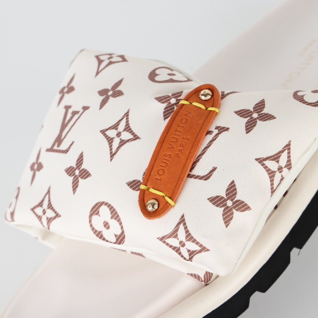 L***V Monogram Canvas Velcro Strap Slide Sandals — SS24 Cream Wide Band Slip-On Pool Beach Slippers (4 Colors)