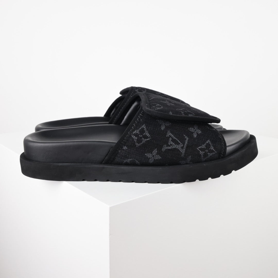 L***V All-Black Giant Monogram Floral Tonal Embroidery Slip-On Wide Strap Miami Slide Sandals — Spring Summer Boutique Limited Edition