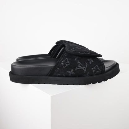 L***V All-Black Giant Monogram Floral Tonal Embroidery Slip-On Wide Strap Miami Slide Sandals — Spring Summer Boutique Limited Edition