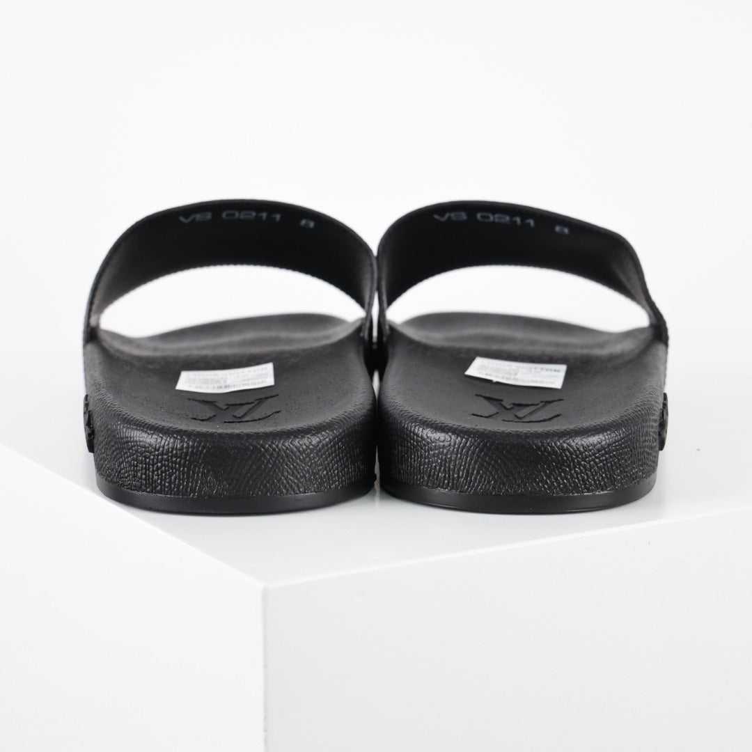 L***V Brown Monogram Cobalt Blue Split Colorblock Waterfront Wide Strap Slide Sandals — Spring Summer Boutique Limited Edition
