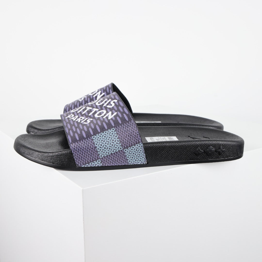 L***V Navy Blue Damier Jacquard LOUIS VUITTON PARIS Text Print Waterfront Wide Strap Slide Sandals — Spring Summer Boutique Limited Edition