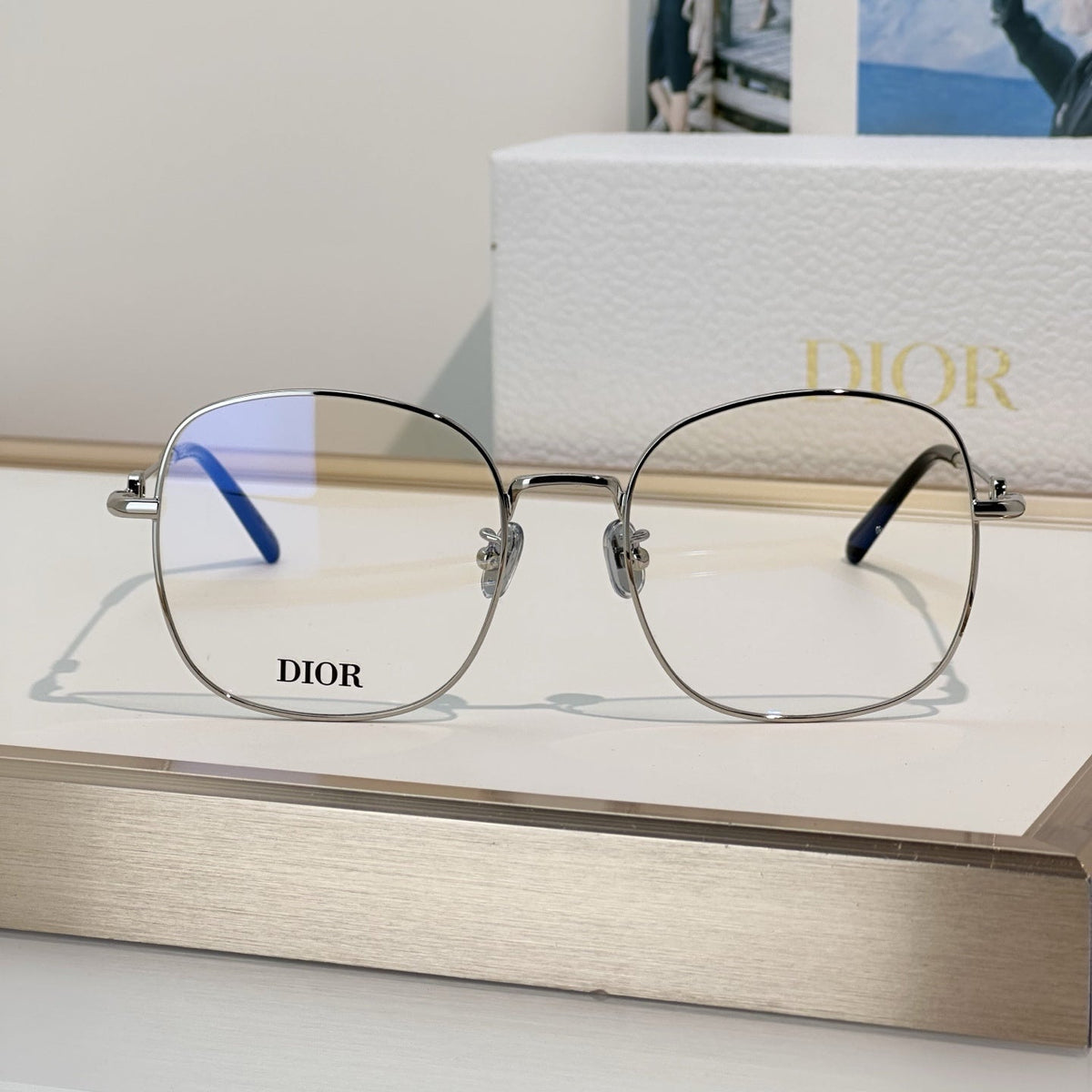 D**R Square Round Optical Glasses with Slim Gold Metal Wire Frame, Clear Blue Light Lenses & CD Logo Hinge Hardware