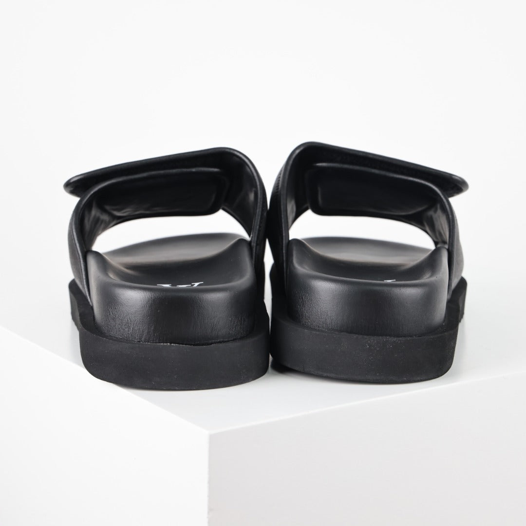 L***V Monogram Eclipse All-Black Velcro Adjustable Wide Strap Miami Slide Sandals — Spring Summer Boutique Limited Edition
