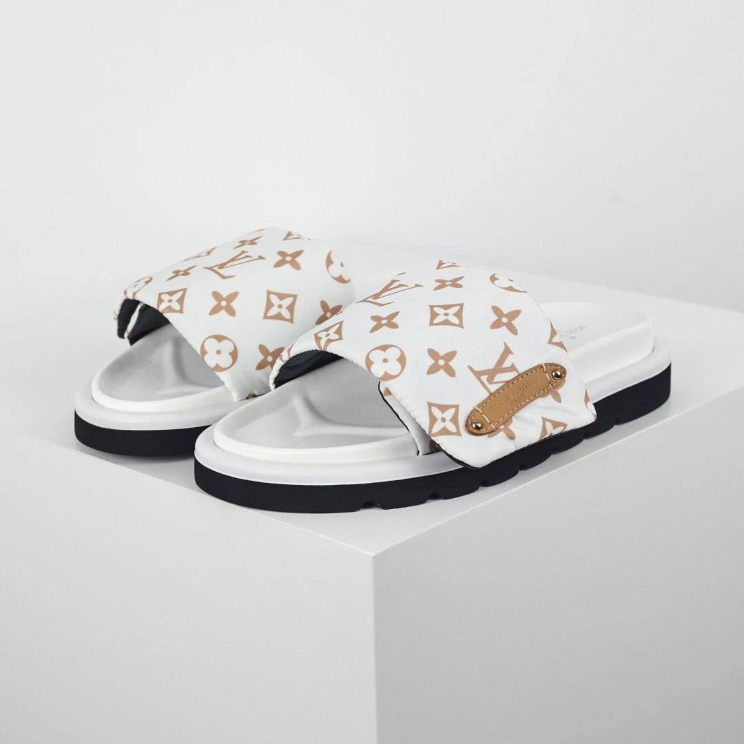 L***V White Giant Monogram Canvas Leather Trim Flat Slide Sandals — 2024 Spring Summer Boutique Limited Edition