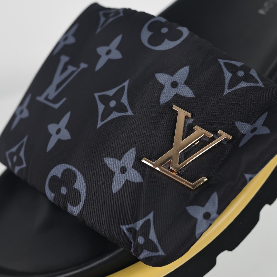 L***V Black Monogram Canvas Platform Slide Sandals — 2024 Spring Summer Boutique Limited Edition