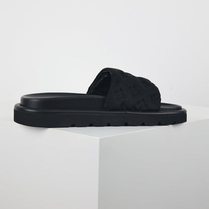 L***V All-Black Tonal Monogram Puffy Quilted Wide Strap Platform Slide Sandals — 2024 Spring Summer Boutique Limited Edition