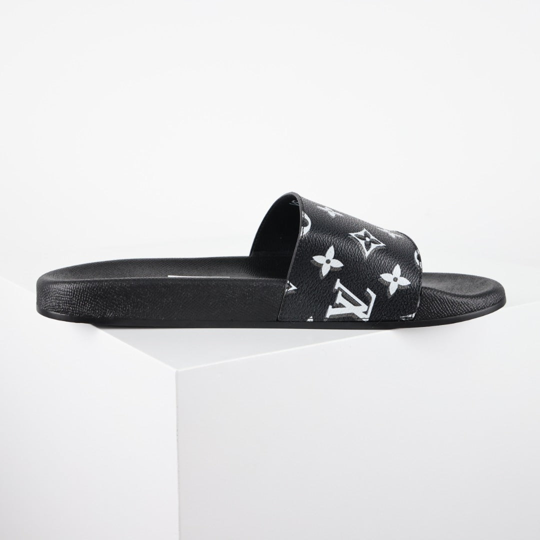 L***V Black White All-Over Oversized Monogram Waterfront Wide Strap Slide Sandals — Spring Summer Boutique Limited Edition