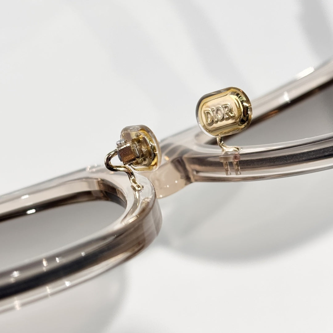 D**R Square Cat-Eye Sunglasses | Transparent Champagne Acetate Frame, 3D CD Letter Hinge Block, Flat Brown Lenses