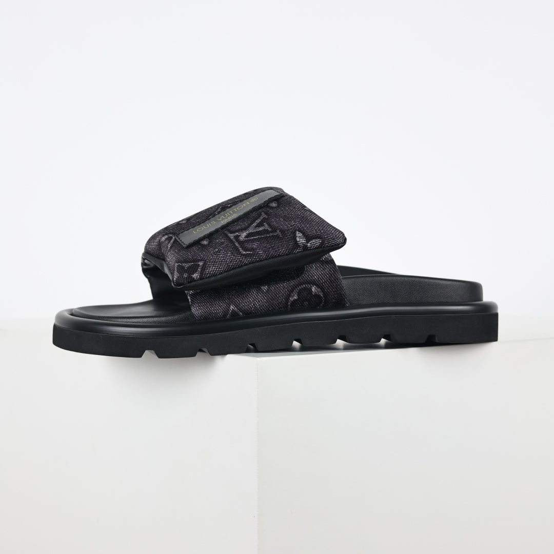 L***V All-Black Embossed Monogram Leather Wide Strap Platform Slide Sandals — Spring Summer Boutique Limited Edition
