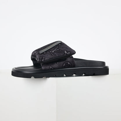 L***V All-Black Embossed Monogram Leather Wide Strap Platform Slide Sandals — Spring Summer Boutique Limited Edition