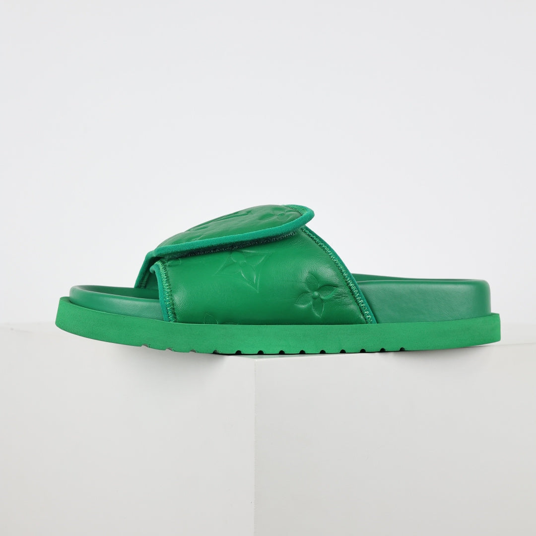 L***V Grass Green Inflated Pillow Leather Velcro Adjustable Wide Strap Miami Slide Sandals — Spring Summer Boutique Limited Edition