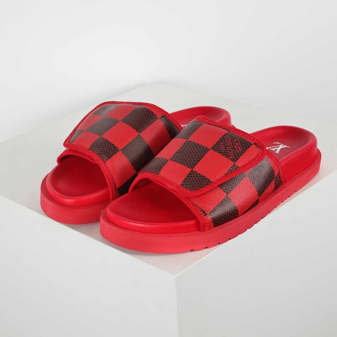 L***V Scarlet Red Dark Brown Damier Checkerboard Velcro Adjustable Wide Strap Miami Slide Sandals — Spring Summer Boutique Limited Edition