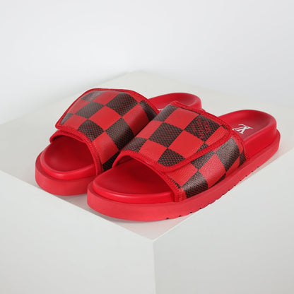 L***V Scarlet Red Dark Brown Damier Checkerboard Velcro Adjustable Wide Strap Miami Slide Sandals — Spring Summer Boutique Limited Edition