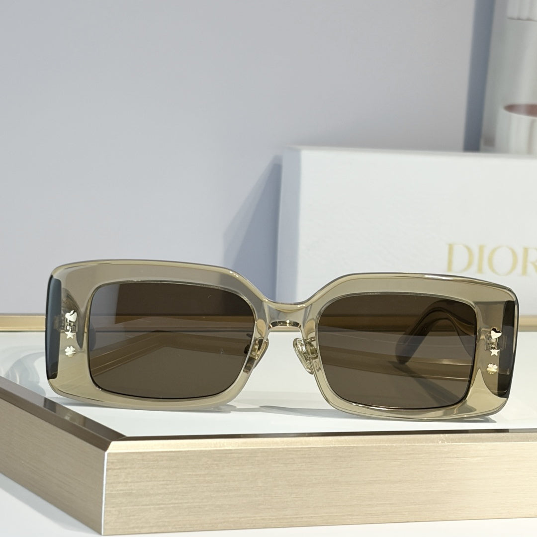 D**R Slim Rectangular Sunglasses | Transparent Khaki Frame, Brown Lenses & Gold Logo Temple
