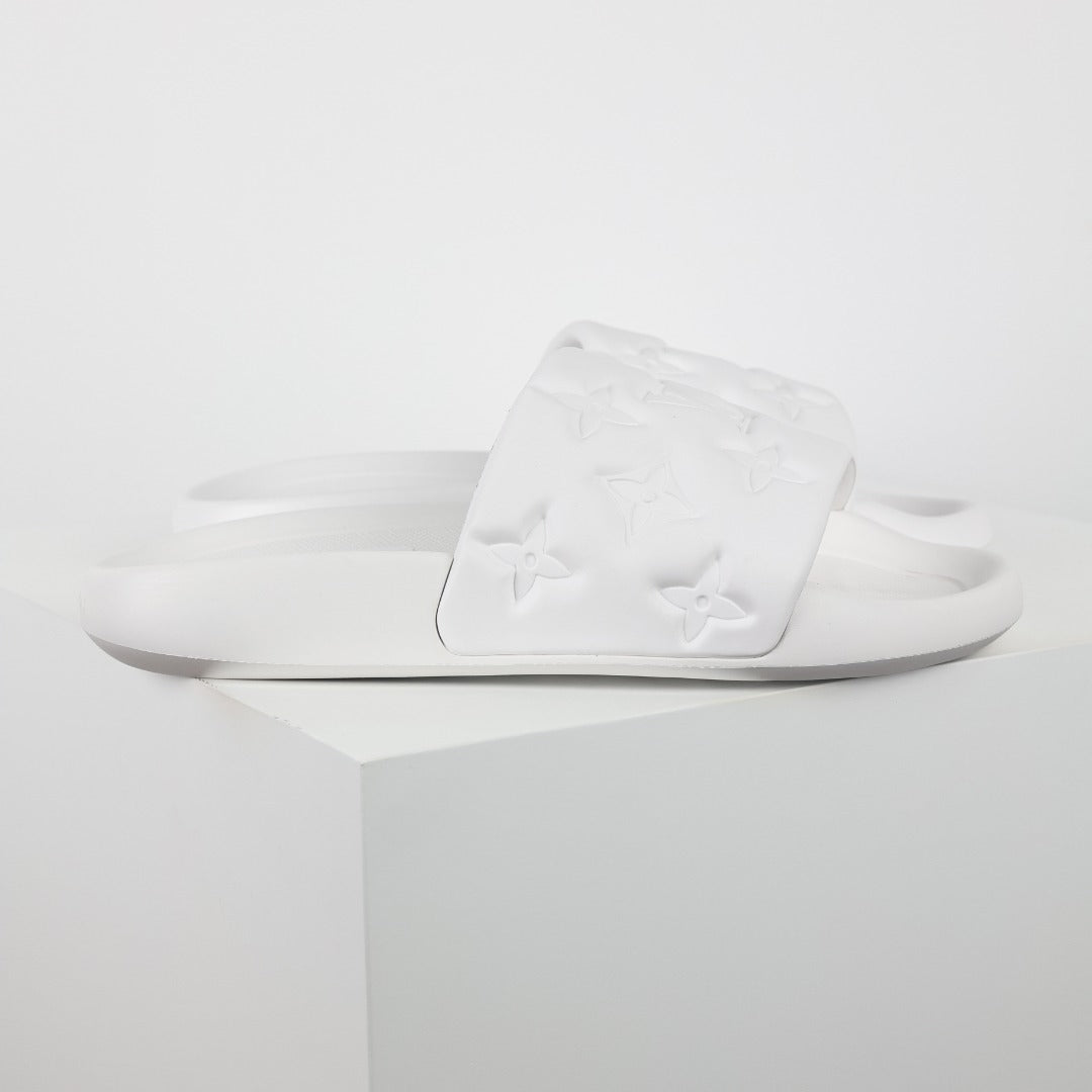L***V White Tonal Monogram Embossed EVA Waterfront Wide Strap Slide Sandals — Spring Summer Boutique Limited Edition