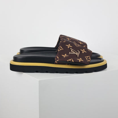 L***V Dark Brown Giant Monogram Canvas Wide Strap Platform Slide Sandals — 2024 Spring Summer Boutique Limited Edition