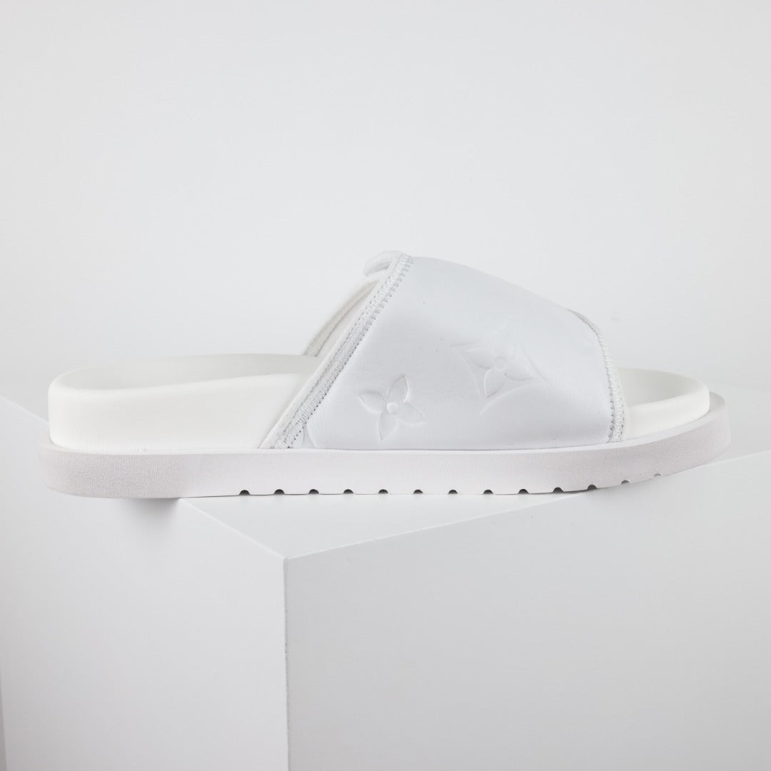 L***V All-White Inflated Pillow Leather Wide Strap Miami Slide Sandals — Spring Summer Boutique Limited Edition