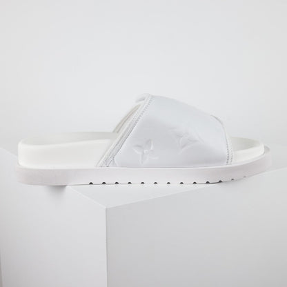 L***V All-White Inflated Pillow Leather Wide Strap Miami Slide Sandals — Spring Summer Boutique Limited Edition
