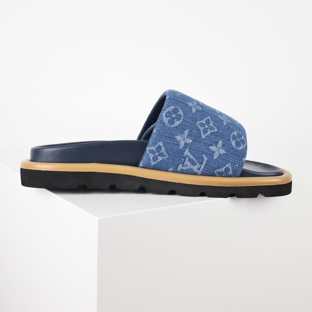 L***V Denim Monogram Velcro Strap Slide Sandals — Wide Band Adjustable Pool Beach Slippers (8 Colors)