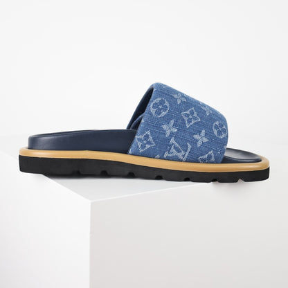 L***V Denim Monogram Velcro Strap Slide Sandals — Wide Band Adjustable Pool Beach Slippers (8 Colors)