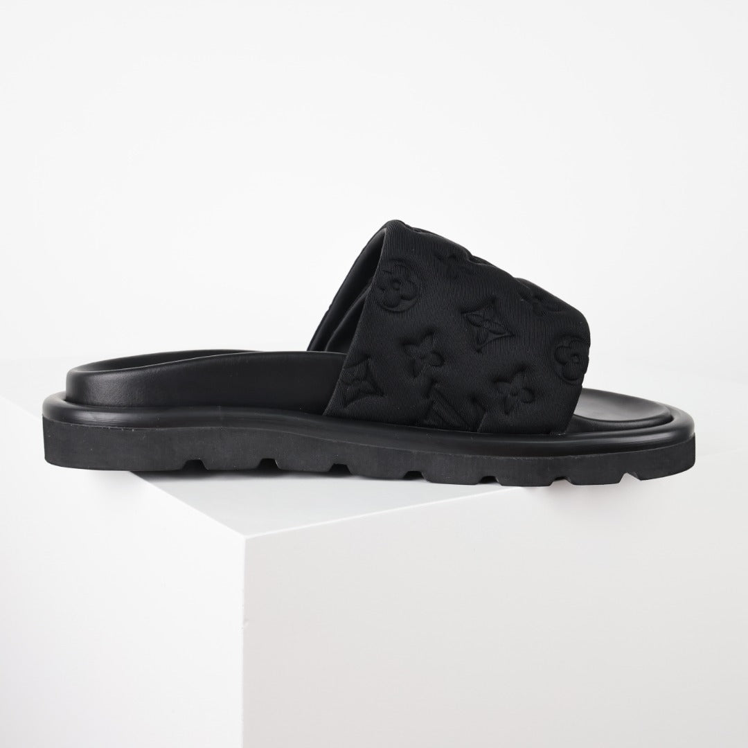 L***V Quilted Woven Strap Slide Sandals — Textured Wide Band Slip-On Pool Beach Slippers (8 Colors)