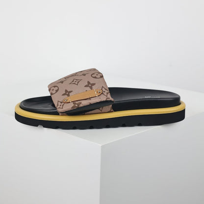 L***V Brown Classic Monogram Canvas Wide Strap Platform Slide Sandals — 2024 Spring Summer Boutique Limited Edition
