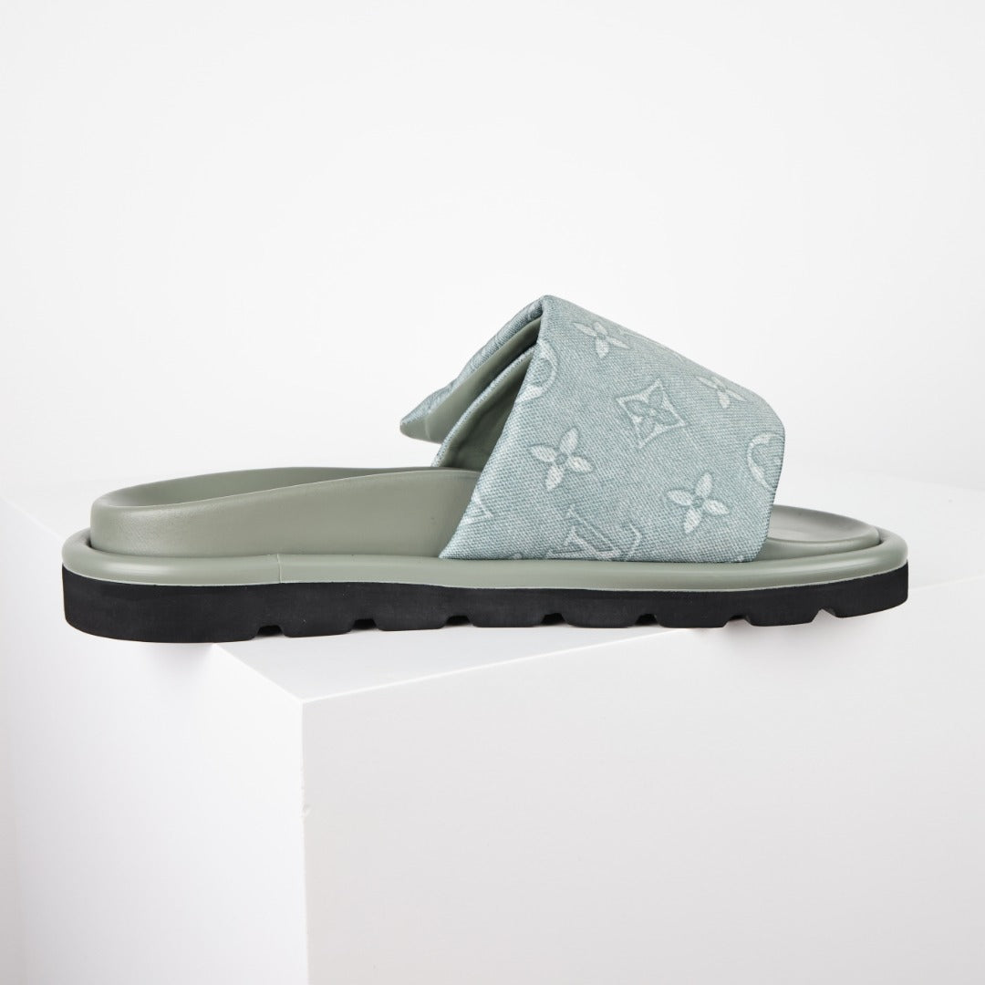 L***V Ice Blue Metallic Embossed Monogram Leather Wide Strap Platform Slide Sandals — Spring Summer Boutique Limited Edition