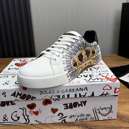 D*G 2026 Premium Leather Casual Sneakers - Designer Unisex Shoes in Black & White