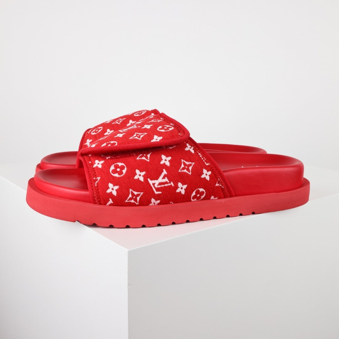 L***V Black White Monogram Woven Jacquard Slip-On Wide Strap Miami Slide Sandals — Spring Summer Boutique Limited Edition