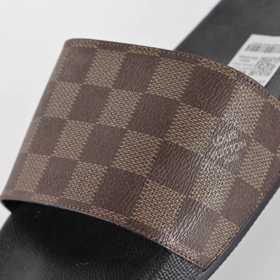 L***V Damier Ebene Waterfront Wide Strap Slide Sandals — Spring Summer Boutique Limited Edition