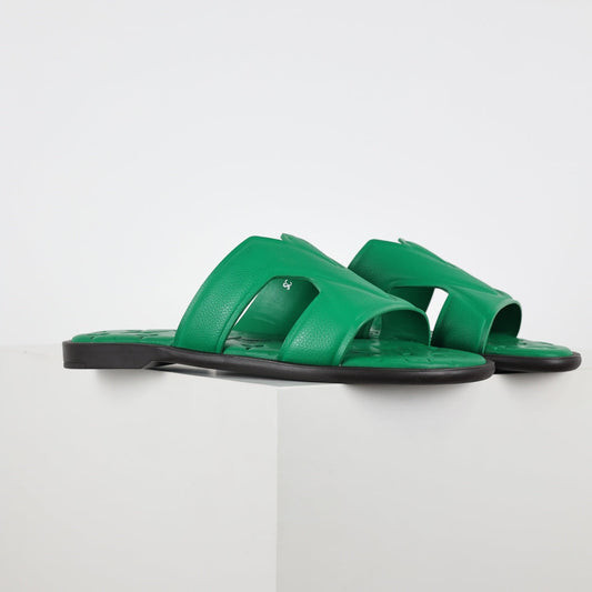 L***V Emerald Green Smooth Leather H-Strap Multi-Band Oasis Flat Slide Sandals — Spring Summer Boutique Limited Edition