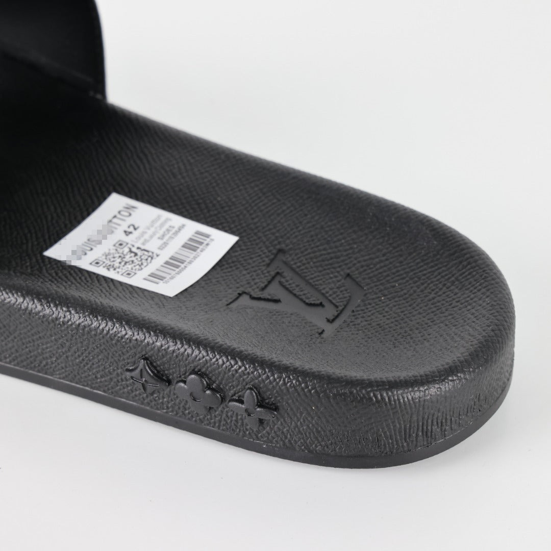 L***V Black White All-Over Oversized Monogram Waterfront Wide Strap Slide Sandals — Spring Summer Boutique Limited Edition