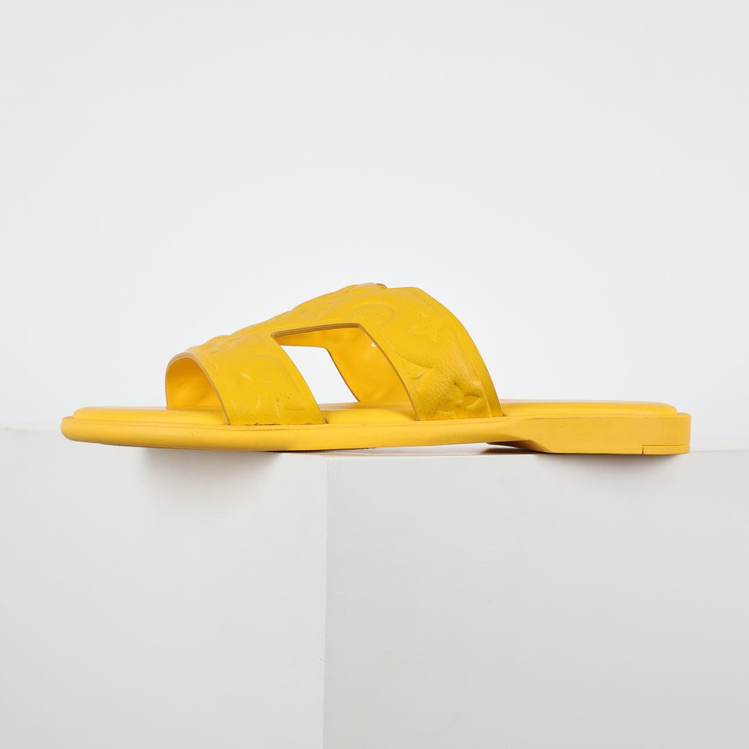 L***V Lemon Yellow Smooth Leather H-Strap Multi-Band Oasis Flat Slide Sandals — Spring Summer Boutique Limited Edition
