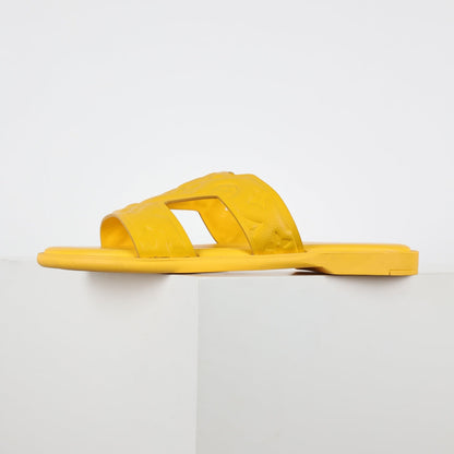 L***V Lemon Yellow Smooth Leather H-Strap Multi-Band Oasis Flat Slide Sandals — Spring Summer Boutique Limited Edition
